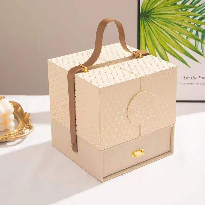 Luxury holiday corporate gift box with gold foil and satin ribbon